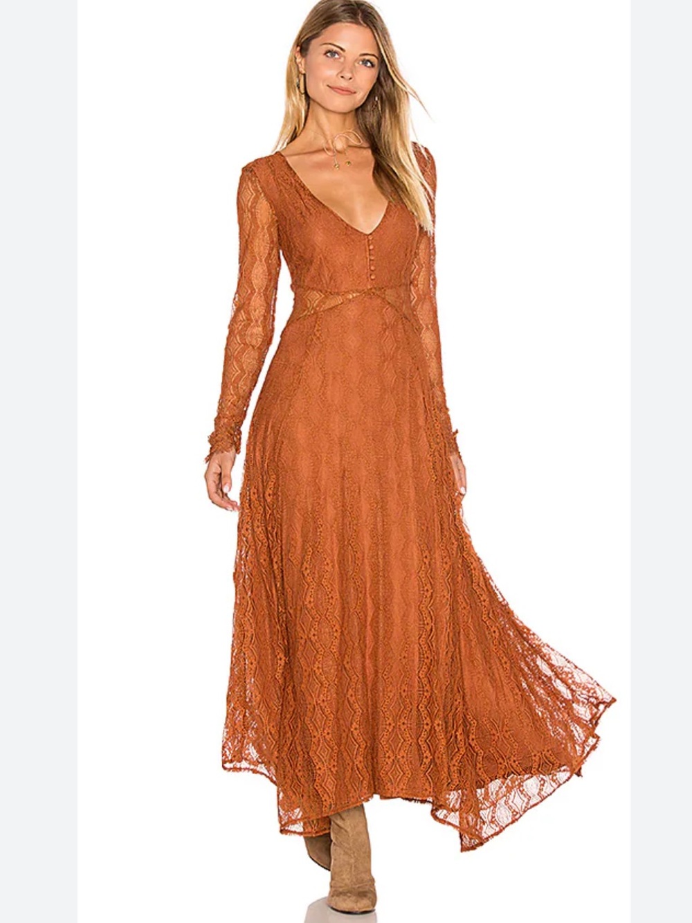 Free People Guinevere Lace Maxi Dress Rust Bronze Renfaire Victorian Ethereal